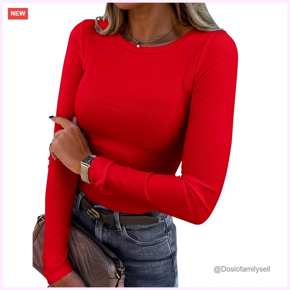 Long Sleeve Ribbed Knit T-Shirt Slim Fit Stretchy Soft Casual Basic Top